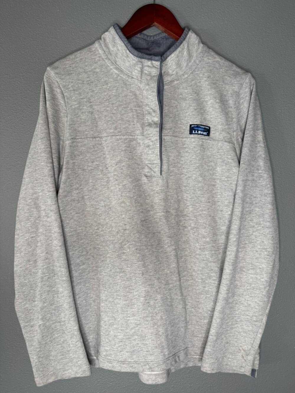 LL Bean Soft Cotton Rugby Pullover Womens L Gray Mock Neck Henley Sweatshirt